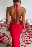 Red Sexy Solid Bandage Backless Halter Long Dress Dresses