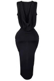 Zwarte sexy effen patchwork doorzichtige lange jurken met hoge opening en vouw met V-hals