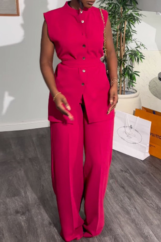Rose Red Sweet Solid Patchwork Buckle Turndown Collar Sleeveless Two Pieces