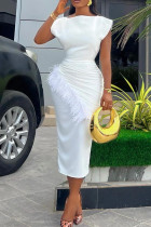 Белые милые однотонные лоскутные платья-юбки с круглым вырезом и одной ступенькой