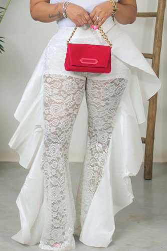 White Elegant Solid Lace Patchwork See-through Flounce Boot Cut Mid Waist Speaker Solid Color Bottoms