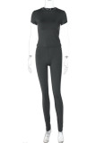 Dark Gray Casual Sportswear Solid Basic O Neck Short Sleeve Two Pieces