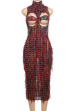 Red Street Длинные платья с водолазкой и открытыми плечами в стиле пэчворк с кисточками и открытой спиной