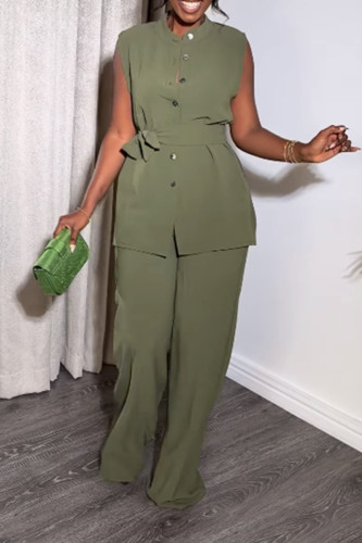 Green Sweet Solid Patchwork Buckle Turndown Collar Sleeveless Two Pieces