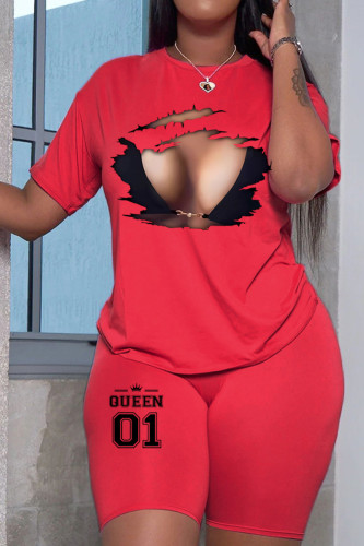 Red Street Print Patchwork O Neck Half Sleeve Two Pieces
