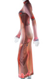 Мандариново-красный повседневный принт с длинными рукавами и длинными рукавами с высоким воротником