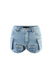 Pantalones cortos de mezclilla regular de cintura alta con cremallera y botones de bolsillo de patchwork liso azul claro