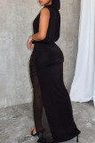 Zwarte sexy effen patchwork doorzichtige lange jurken met hoge opening en vouw met V-hals
