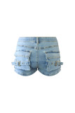 Pantalones cortos de mezclilla regular de cintura alta con cremallera y botones de bolsillo de patchwork liso azul claro