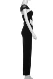 Zwarte sexy effen uitgeholde patchwork rugloze lange jurken met schuine kraag