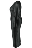 ブラック ストリート ソリッド パッチワーク スリット ジッパー V ネック ペンシル スカート プラス サイズ 2 枚