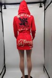 Blue Casual Street Print Letter Hooded Collar Long Sleeve Two Pieces Crop Tops And Skirt Sets Tracksuit Sets