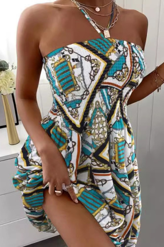 Gele elegante print patchwork strapless A-lijn jurken