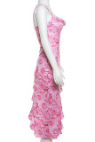 Vestidos de alça espaguete com estampa sexy rosa patchwork de abertura alta