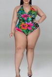 Green Casual Print Bandage Patchwork High Opening Halter Plus Size Two Pieces