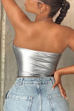 Zilveren sexy effen patchwork strapless tops met rits