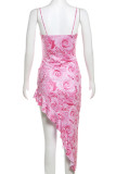 ピンクのセクシーなプリント パッチワーク高開口部スパゲッティ ストラップ スリング ドレス