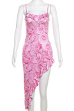 Pink Sexy Print Patchwork High Opening Spaghetti Strap Sling Dresses