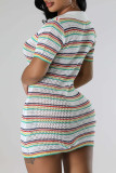 Vit sexig färg Block Patchwork-knappar Turndown-krage inslagna kjolklänningar