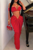 Rose Red Sexy Elegant Fold Strapless Two Pieces Crop Tops And Ruched Skirts Sets
