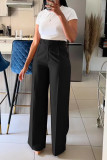 Pantalones casuales de color liso con cremallera recta de cintura alta y pierna ancha de color liso informal negro