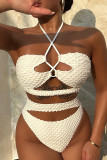 Cream White Sportswear Solid Hollowed Out Patchwork Swimwears(With Paddings)