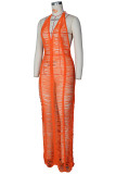 Оранжевые сексуальные однотонные лоскутные прозрачные длинные платья с V-образным вырезом