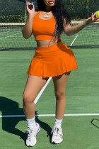 Orange Sweet Sportswear Solid Patchwork U Neck Sleeveless Two Pieces Tank Crop Tops And Pleated Skirt Jogger Matching Sets