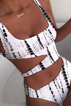 White Black Sportswear Print Hollowed Out Patchwork Swimwears(With Paddings)
