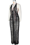 Black Sexy Solid Patchwork See-through Weave V Neck Long Dresses