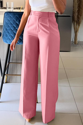 Pantalones informales de color liso con cremallera, rectos, cintura alta, pierna ancha, color liso, color rosa