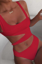 Roter, ausgehöhlter Patchwork-Badeanzug mit Sportswear-Print (mit Polsterung)