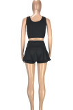 Red Sweet Sportswear Solid Patchwork U Neck Sleeveless Two Pieces Tank Crop Tops And Pleated Skirt Jogger Matching Sets