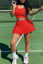 Красный Милый Спортивная одежда Однотонный Лоскутный U-образный вырез Без рукавов Из двух частей