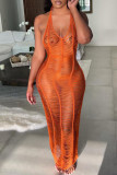 Orange Sexy Solide Patchwork Durchsichtige Lange Kleider mit V-Ausschnitt