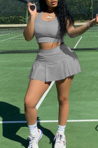 Grey Sweet Sportswear Solid Patchwork U Neck Sleeveless Two Pieces Tank Crop Tops And Pleated Skirt Jogger Matching Sets