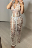 Camel Sexy Solid Patchwork See-through Weave V Neck Long Dresses