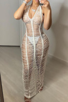 White Sexy Solid Patchwork See-through Weave V Neck Long Dresses