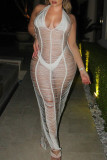 Белые сексуальные однотонные лоскутные прозрачные длинные платья с V-образным вырезом