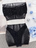 Maillot de bain noir Sportswear, couleur unie, ajouré, patchwork, perceuse à chaud (avec rembourrage)