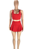 Rose Red Sweet Sportswear Solid Patchwork U Neck Sleeveless Two Pieces Tank Crop Tops And Pleated Skirt Jogger Matching Sets