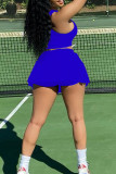 Royal Blue Sweet Sportswear Solid Patchwork U Neck Sleeveless Two Pieces Tank Crop Tops And Pleated Skirt Jogger Matching Sets