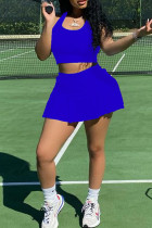 Королевский синий Милая спортивная одежда Однотонный пэчворк U-образный вырез Без рукавов Из двух предметов