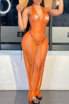 オレンジのセクシーな固体パッチワーク シースルー織り V ネック ロング ドレス