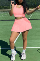 Розовая милая спортивная одежда, однотонная пэчворк, U-образный вырез, без рукавов, двойка