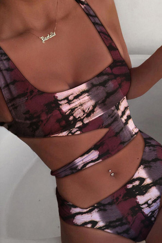 Purple Sportswear Print Hollowed Out Patchwork Swimwears(With Paddings)