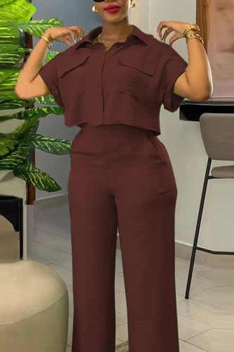 Braunes, süßes, solides Patchwork-Hemd mit Taschenschnalle, Hemdkragen und kurzen Ärmeln, zweiteilig