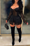 Black Sexy Casual Solid Patchwork See-through Slit Square Collar Long Sleeve Two Pieces