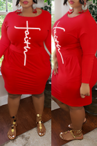 Red Casual Print Bandage Patchwork O Neck Wrapped Skirt Plus Size Dresses