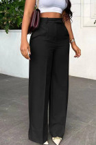 Pantalones casuales de color liso con cremallera recta de cintura alta y pierna ancha de color liso informal negro